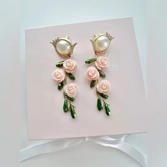 Nicola Bathie Embellished Pearly Pink Floral Drop Earrings - Picture 3 of 6